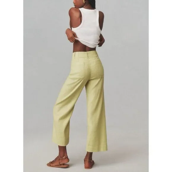 Anthropologie Maeve Colette Cropped Wide Leg Pants Womens 32 LINEN EDITION Lime